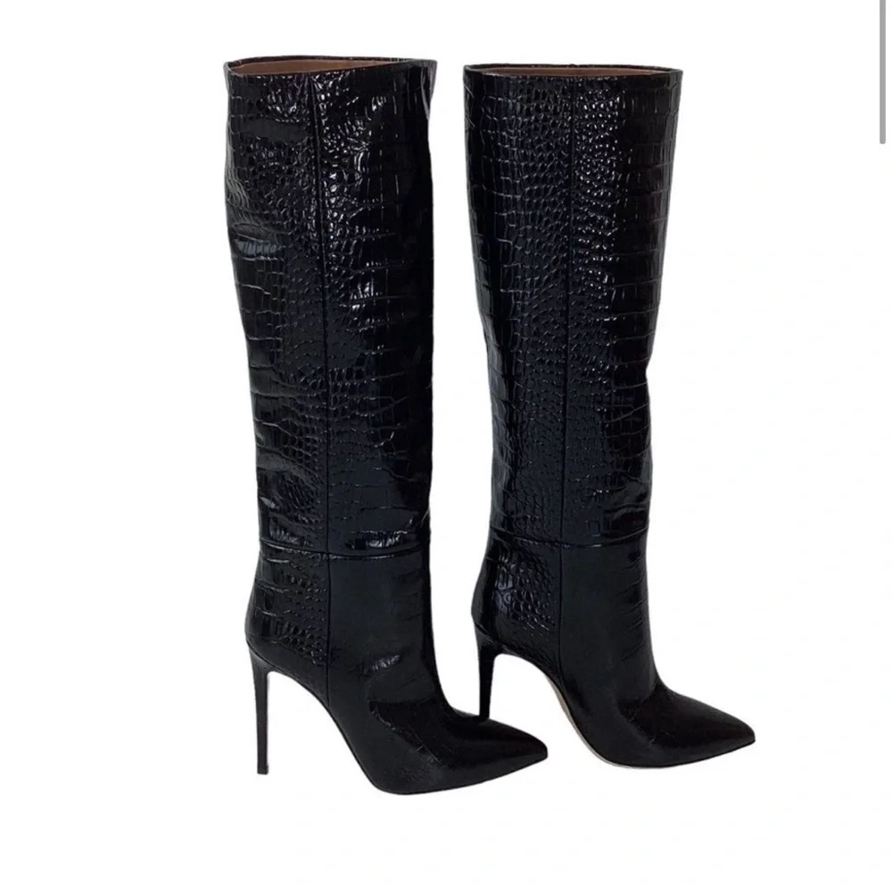 PARIS TEXAS Size 37.5 Embossed Crocodile Stiletto Boots Croco Black Leather Heel - Picture 2 of 9